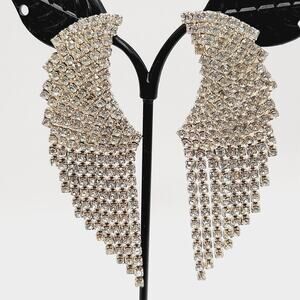 Vintage Rhinestone Dangle Earrings 3" Silver Tone Waterfall Statement